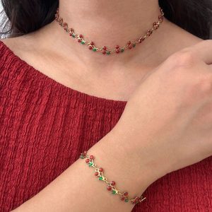 Ατσάλινο Κολιέ Choker με Κεράσια και ΦύλλαX00165