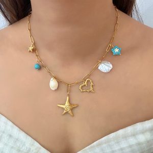 Ατσάλινο Κολιέ με Θαλασσινά Charms & ΑστερίαN60
