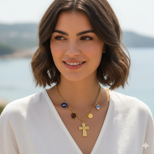 Ατσάλινο κολιέ με σταυρό και charms Stainless steel necklace with cross and charmsA61001