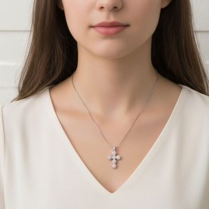 Ατσάλινο Κολιέ με Κρεμαστό Σταυρό από Στρογγυλές Πέτρες - ΧρυσόA64010A