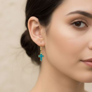 Σκουλαρίκια Ατσάλι Σταυρός με Blue Stone - Χρυσό30046A