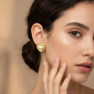 Σκουλαρίκια Ατσάλι Καρδιά με Μαργαριταρένια ΛεπτομέρειαA1207