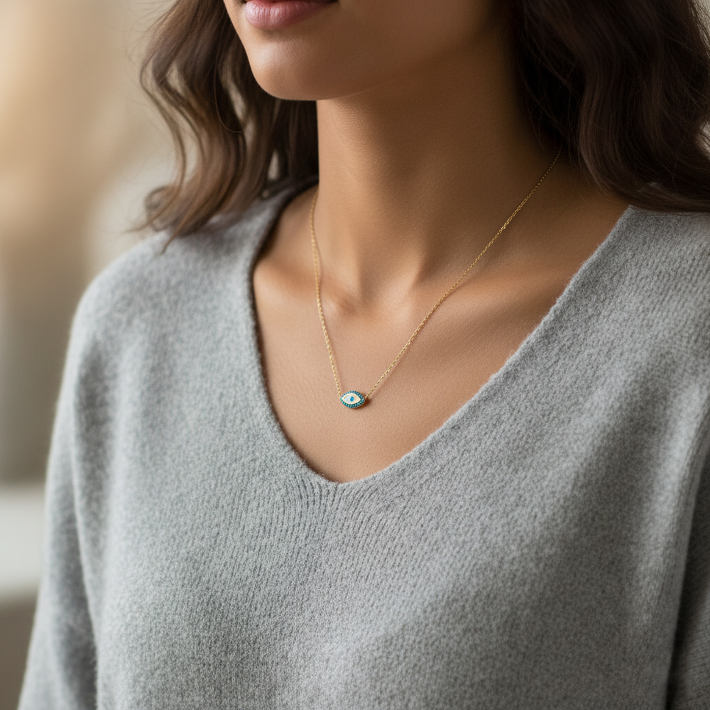 Κολιέ Ματάκι από Ατσάλι με Μπλε Λεπτομέρειες A23056A Κολιέ Ματάκι από Ατσάλι με Μπλε Λεπτομέρειες A23056AA23056A