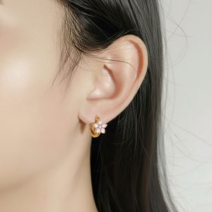 Σκουλαρίκια Κρίκοι Ατσάλι Χρυσό Με Ροζ Πέτρες ΛουλούδιA3600-4