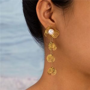 Μακριά Συρμάτινα Σκουλαρίκια από Stainless Steel με Πέρλα - ΧρυσόA3866A