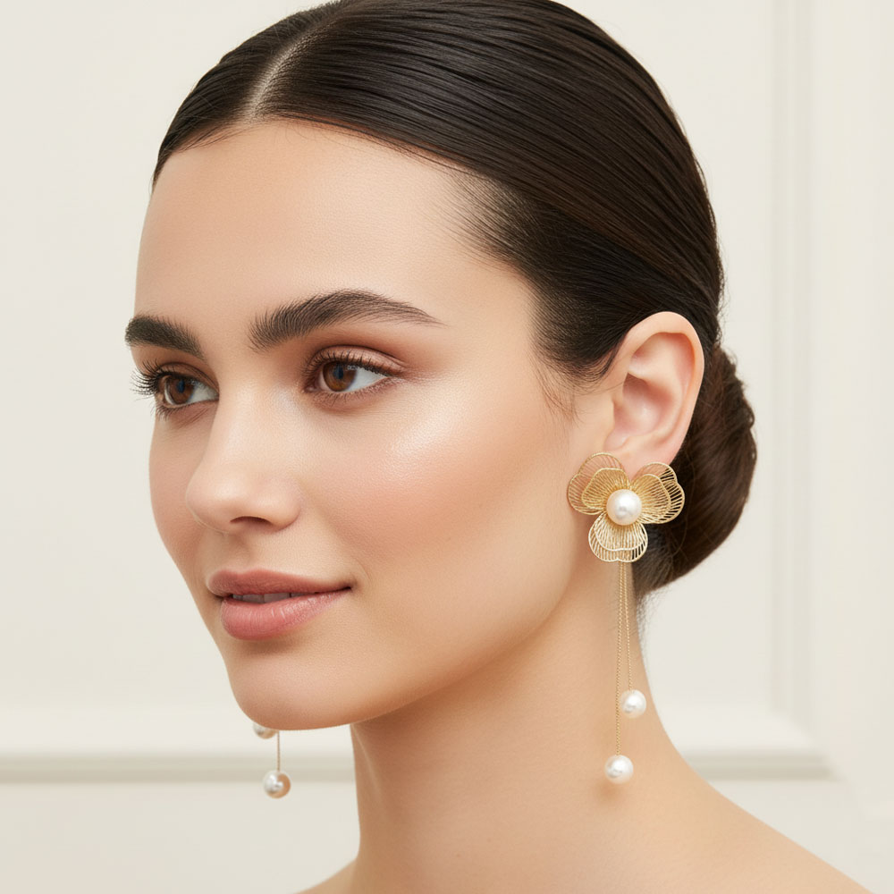 Ατσάλινα Συρμάτινα Σκουλαρίκια Λουλούδι με Κρεμαστές Πέρλες - Χρυσό Ατσάλινα Συρμάτινα Σκουλαρίκια Λουλούδι με Κρεμαστές Πέρλες - ΧρυσόA3867A