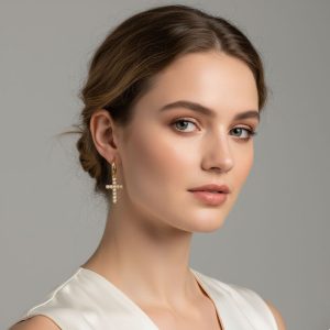 Σκουλαρίκια από Ατσάλι με Σταυρό και ΠέρλεςA6045