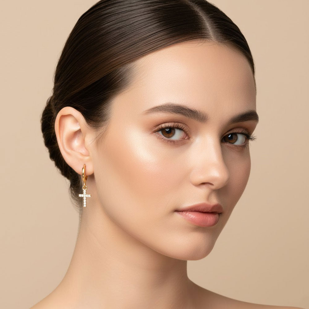 Σκουλαρίκια Ατσάλι Χρυσά Κρίκοι με Σταυρό και Στρας Stainless Σκουλαρίκια Ατσάλι Χρυσά Κρίκοι με Σταυρό και Στρας StainlessA6075