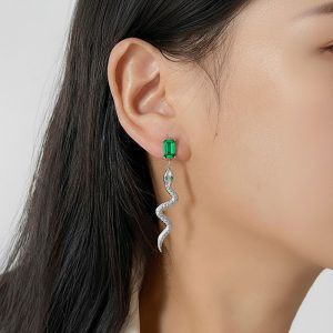 Σκουλαρίκια Ατσάλι Ασημί Φίδι με Πράσινο ΚρύσταλλοA791-3