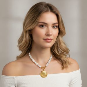 Choker από Ατσάλι με Πέρλες & Κρεμαστό Κοχύλι - ΧρυσόA9050A