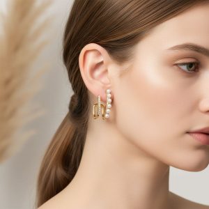 Σκουλαρίκια Ατσάλι Καμπύλη με Πέρλες & Κρύσταλλα - ΧρυσόB3107A