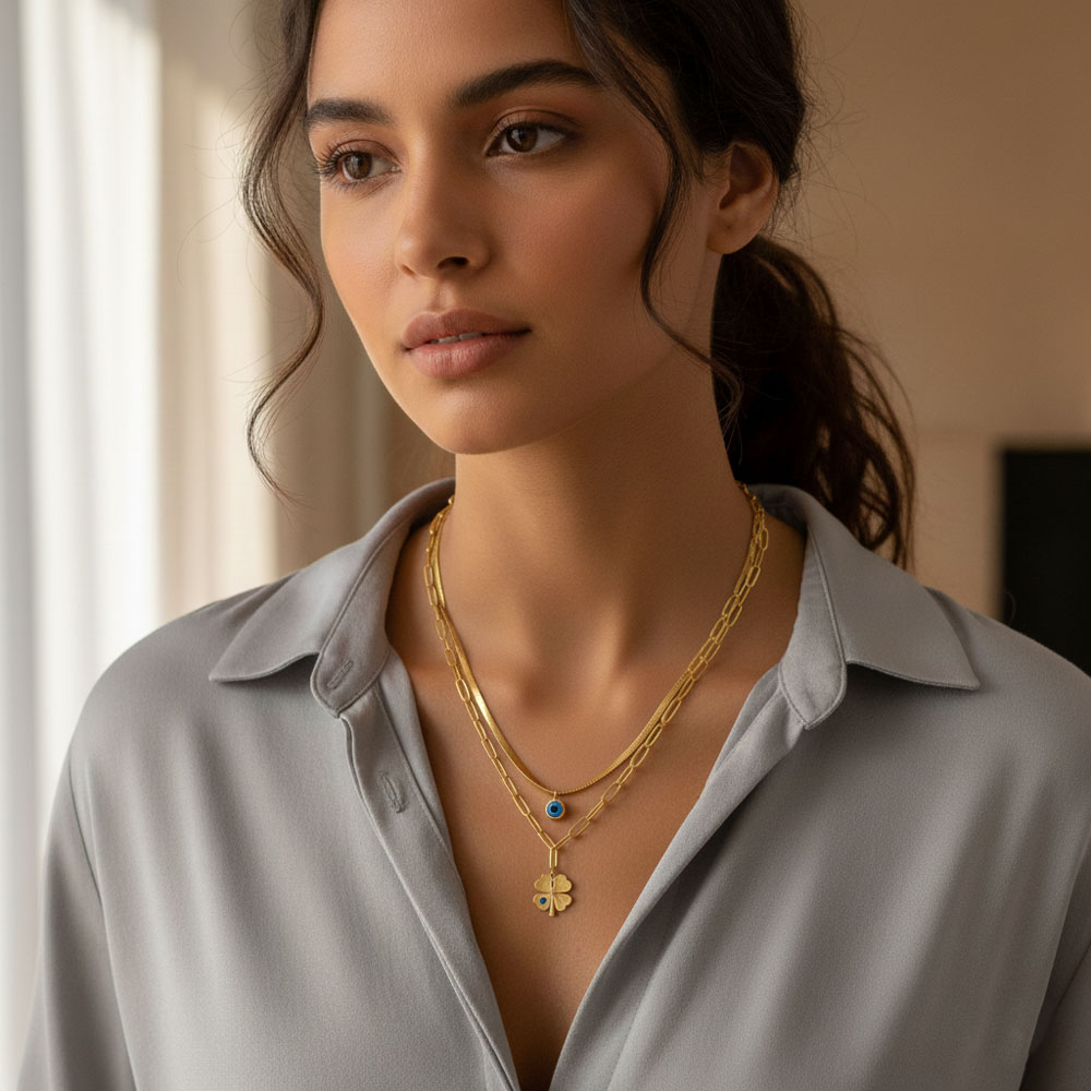 Κολιέ Ατσάλι Διπλής Αλυσίδας Με Μάτι Και Τετράφυλλο Τριφύλλι - Χρυσό Κολιέ Ατσάλι Διπλής Αλυσίδας Με Μάτι Και Τετράφυλλο Τριφύλλι - ΧρυσόX00403A