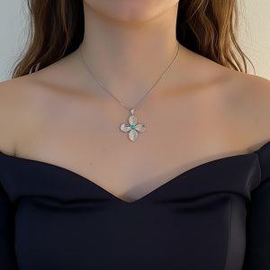 Κολιέ Ατσάλι Με Λουλούδι Και Τιρκουάζ Πέτρα X00413BX00413B