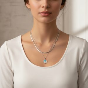 Κολιέ Ατσάλι Διπλής Αλυσίδας Με Στρογγυλό Μενταγιόν Και Τιρκουάζ Πέτραx00410