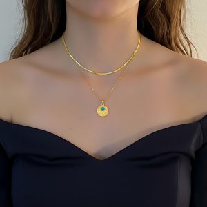 Κολιέ Ατσάλι Διπλής Αλυσίδας Με Στρογγυλό Μενταγιόν Και Τιρκουάζ Πέτρα - Χρυσόx00410A