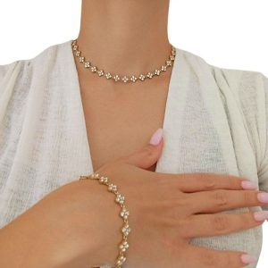 Σετ Κολιέ & Βραχιόλι Ανοξείδωτο Ατσάλι με Λουλούδια και Στρας0751113