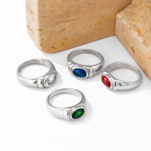 Ατσάλινο Δαχτυλίδι Με Χρωματιστή Πέτρα - Ασημί ΠράσινοJ83