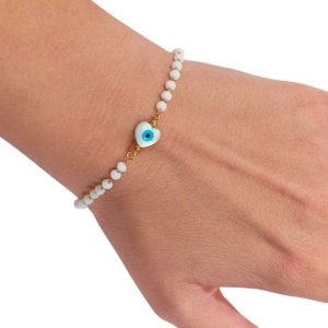 Βραχιόλι Ανοξείδωτο Ατσάλι με Ματάκι Καρδιά και Λευκές Χάντρες - ΧρυσόA12151a