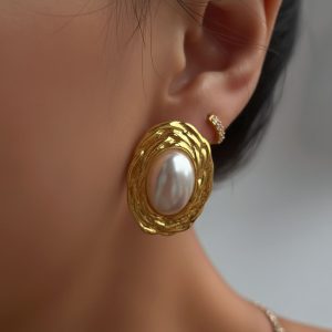 Σκουλαρίκια Ατσάλι Οβάλ Μαργαριτάρι - ΧρυσόA1228A