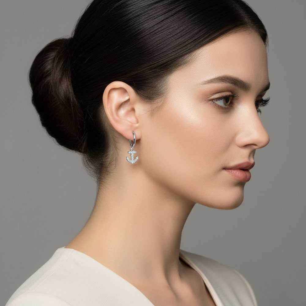 Σκουλαρίκια Ατσάλι Κρίκοι με Άγκυρα και Πέτρες Ασημί Χρώμα Σκουλαρίκια Ατσάλι Κρίκοι με Άγκυρα και Πέτρες Ασημί ΧρώμαA3037B