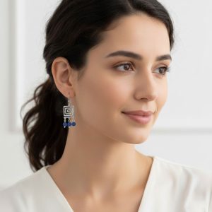 Σκουλαρίκια Ατσάλι Μαίανδρος με Μπλε Χάντρες Ασημί Απόχρωση Stainless Steel Greek Key Earrings Blue Beads Silver ToneA31073B