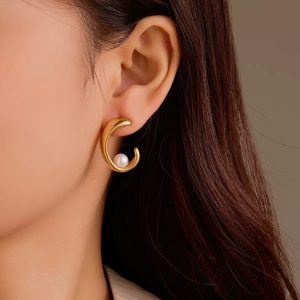 Ατσάλινα Χρυσά Σκουλαρίκια Ημικύκλιο με ΠέρλαA33164