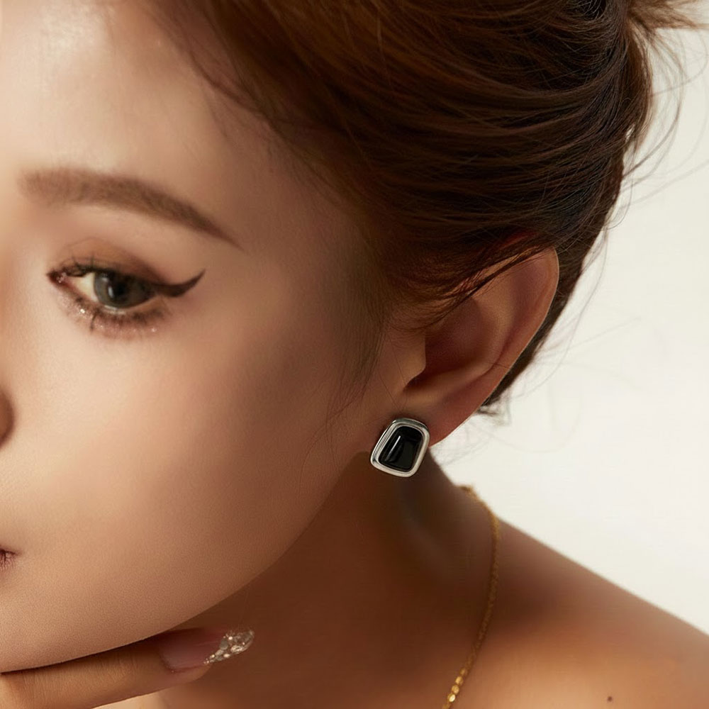 Σκουλαρίκια Ατσάλι ασημί με Μαύρη Πέτρα Σκουλαρίκια Ατσάλι ασημί με Μαύρη ΠέτραA3448-3