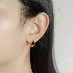 Σκουλαρίκια Κρίκοι Ατσάλι Χρυσό Με Μαύρες Πέτρες ΛουλούδιA3600-5