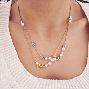 Ατσάλινο Κολιέ Με Πέρλες Και Ανάγλυφες Πέτρες - ΑσημίA41019B