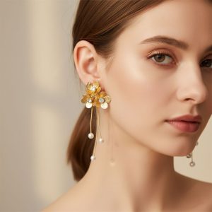 τσάλινα Σκουλαρίκια Λουλούδι με Κρύσταλλο και ΠέρλεςA60020