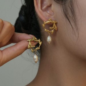 Σκουλαρίκια Ατσάλι με Φύλλα & ΜαργαριτάριA6088