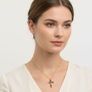 Ατσάλινο Κολιέ με Κρεμαστό Σταυρό Πολύχρωμες ή Διάφανες Πέτρες - Ασημί ΆσπροA64003B