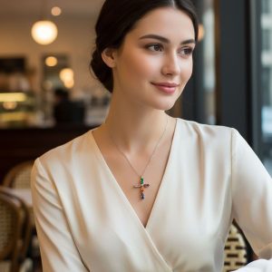 Κολιέ με Ατσάλινη Αλυσίδα & Σταυρό με Πολύχρωμες Πέτρες - ΧρυσόA64005A