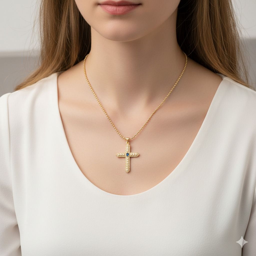 Ατσάλινο Κολιέ με Κρεμαστό Σταυρό Πέρλες & Μπλε Πέτρα - Χρυσό Ατσάλινο Κολιέ με Κρεμαστό Σταυρό Πέρλες & Μπλε Πέτρα - ΧρυσόA64006A