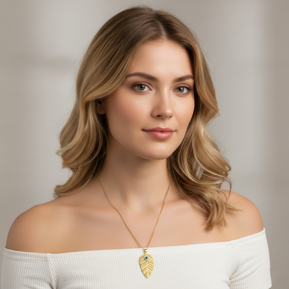 Κολιέ από Ατσάλι σε Σχήμα Φύλλου με Μάτι - Χρυσό Κολιέ από Ατσάλι σε Σχήμα Φύλλου με Μάτι - ΧρυσόA9102A