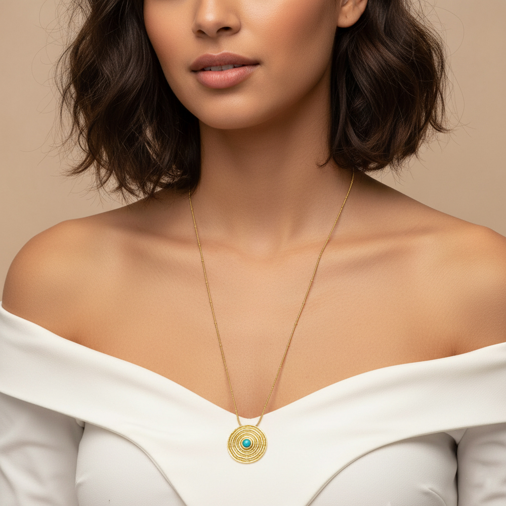 Κολιέ από Ατσάλι με Κυκλικό Μοτίφ & Τιρκουάζ Πέτρα - Χρυσό Κολιέ από Ατσάλι με Κυκλικό Μοτίφ & Τιρκουάζ Πέτρα - ΧρυσόA9360A