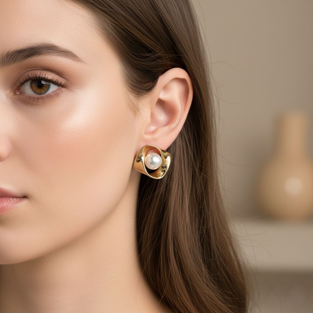 Ατσάλινα Χρυσά Σκουλαρίκια με Πέρλα και Γεωμετρικό Ακανόνιστο Σχέδιο Ατσάλινα Χρυσά Σκουλαρίκια με Πέρλα και Γεωμετρικό Ακανόνιστο ΣχέδιοB3108