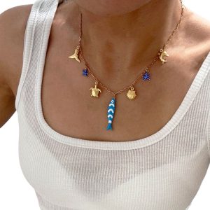 Ατσάλινο Κολιέ με Μπλε Ψαράκι & Θαλασσινά ΚρεμαστάX00167