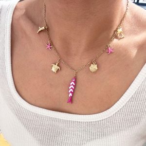 Ατσάλινο Κολιέ με Ροζ Ψαράκι & Θαλασσινά ΚρεμαστάX00168