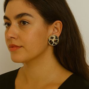 Σκουλαρίκια Στρογγυλά με Δερμάτινο Leopard & Μεταλλικό ΠερίγραμμαN58