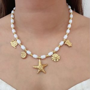 Ατσάλινο Κολιέ με Χάντρες & Χρυσά Θαλασσινά Charmsn64