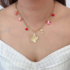 Ατσάλινο Κολιέ με Λουλούδι & Πολύχρωμα CharmsN70