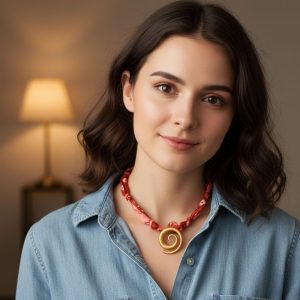 Κολιέ με μαντήλι και μοντέρνο χρυσό μενταγιόν - ΚόκκινοX00391