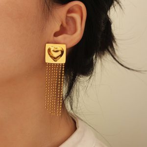 Σκουλαρίκια Ατσάλι Καρδιά Με Χρυσές ΑλυσίδεςX00411