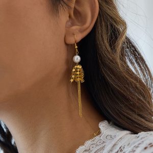 Σκουλαρίκια Ατσάλι Χρυσά Με Πέρλα & Κρεμαστές ΑλυσίδεςX00412A