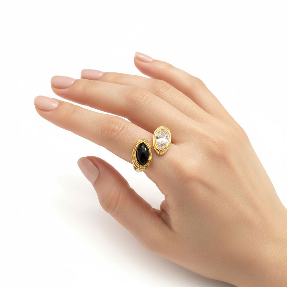Δαχτυλίδι Ατσάλι Διπλή Οβάλ Πέτρα Μαύρη Χρυσό Μέταλλο Προσαρμοζόμενο Δαχτυλίδι Ατσάλι Διπλή Οβάλ Πέτρα Μαύρη Χρυσό Μέταλλο ΠροσαρμοζόμενοX00452-1