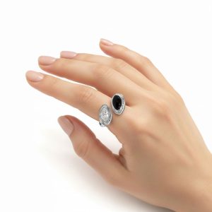 Δαχτυλίδι Ατσάλι Διπλή Οβάλ Πέτρα Μαύρη Ασημί Μέταλλο Προσαρμοζόμενο Stainless Steel Adjustable Double Oval Ring Black Stone Silver ToneX00452-2