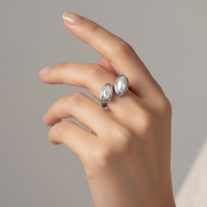 Δαχτυλίδι Ατσάλι Διπλή Οβάλ Πέτρα Πέρλα Ασημί ΠροσαρμοζόμενοX00452-4