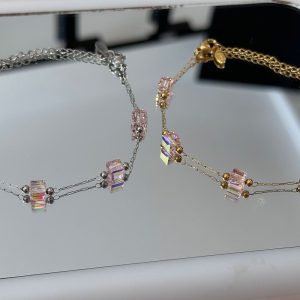 Βραχιόλι με Ατσάλινη Αλυσίδα & Κρυστάλλινες Ροζ Χάντρες - ΧρυσόA12195-2A
