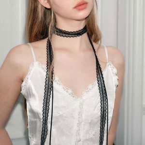 Υφασμάτινο Κολιέ Με Δαντέλα - ΜαύροA1211-1